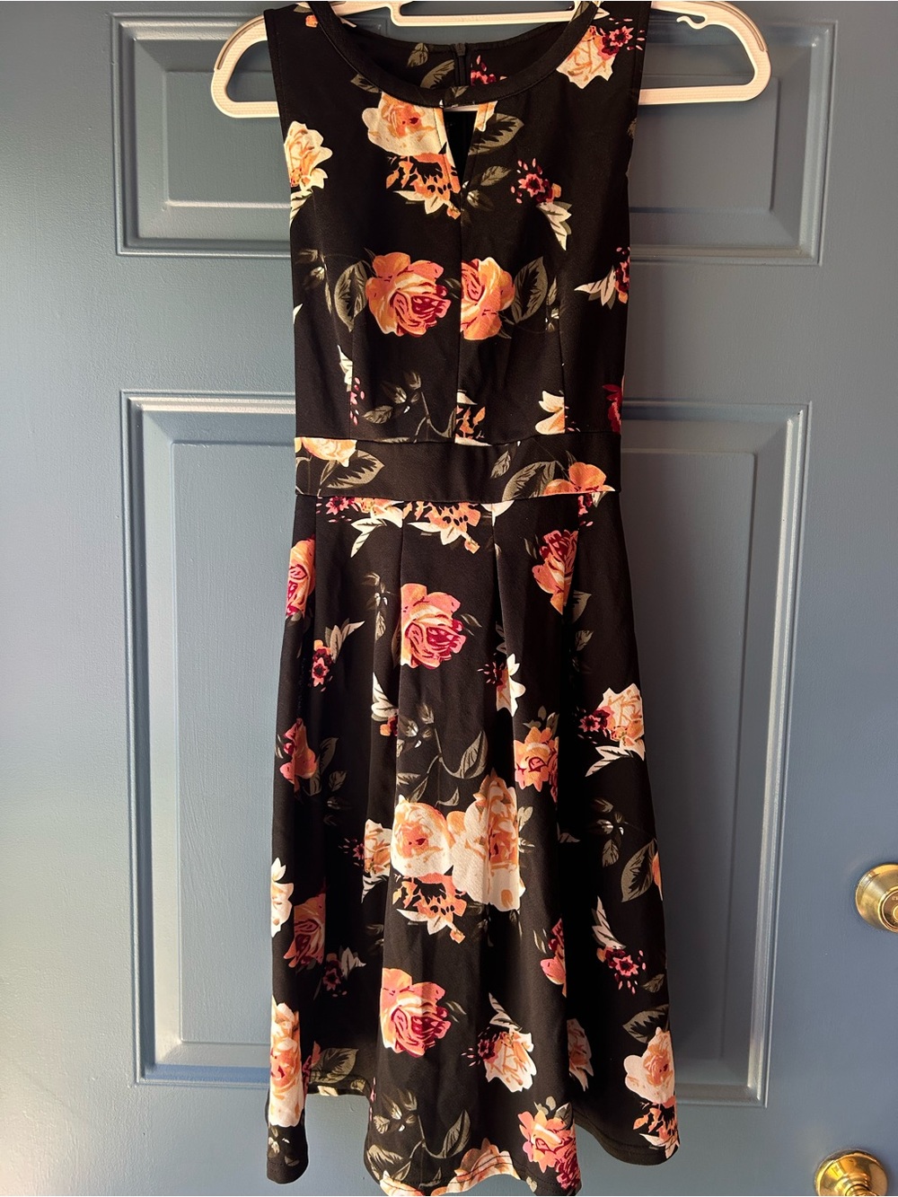 NWOT Floral Fit-and-Flare Dress in Black with Pink and Peach Roses